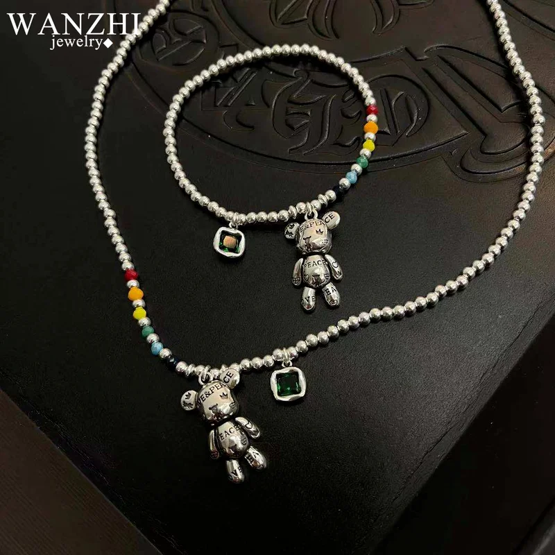

WANZHI 925 Sterling Silver Necklace Bracelet Jewelry Fashion Rainbow String of Beads Design Bear Crystal Pendant Party Jewelry