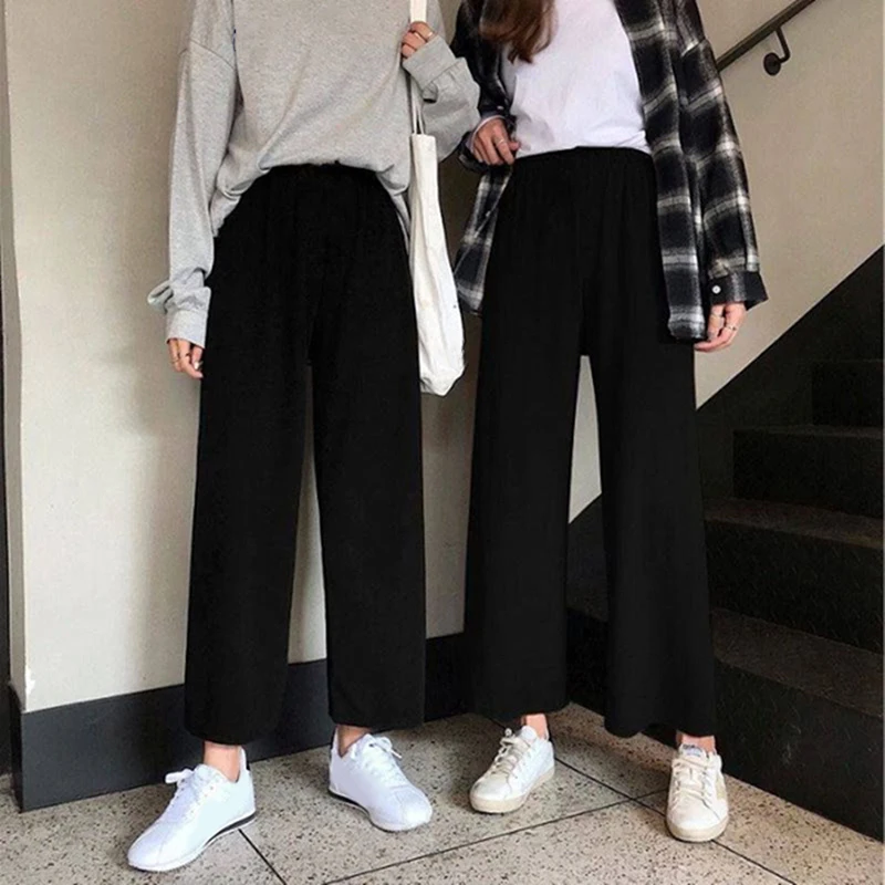 Girls Loose Casual Elegant Womens Korean Style Chic School Daily Wide Leg Pants Women Solid High Waist Trousers Pleated