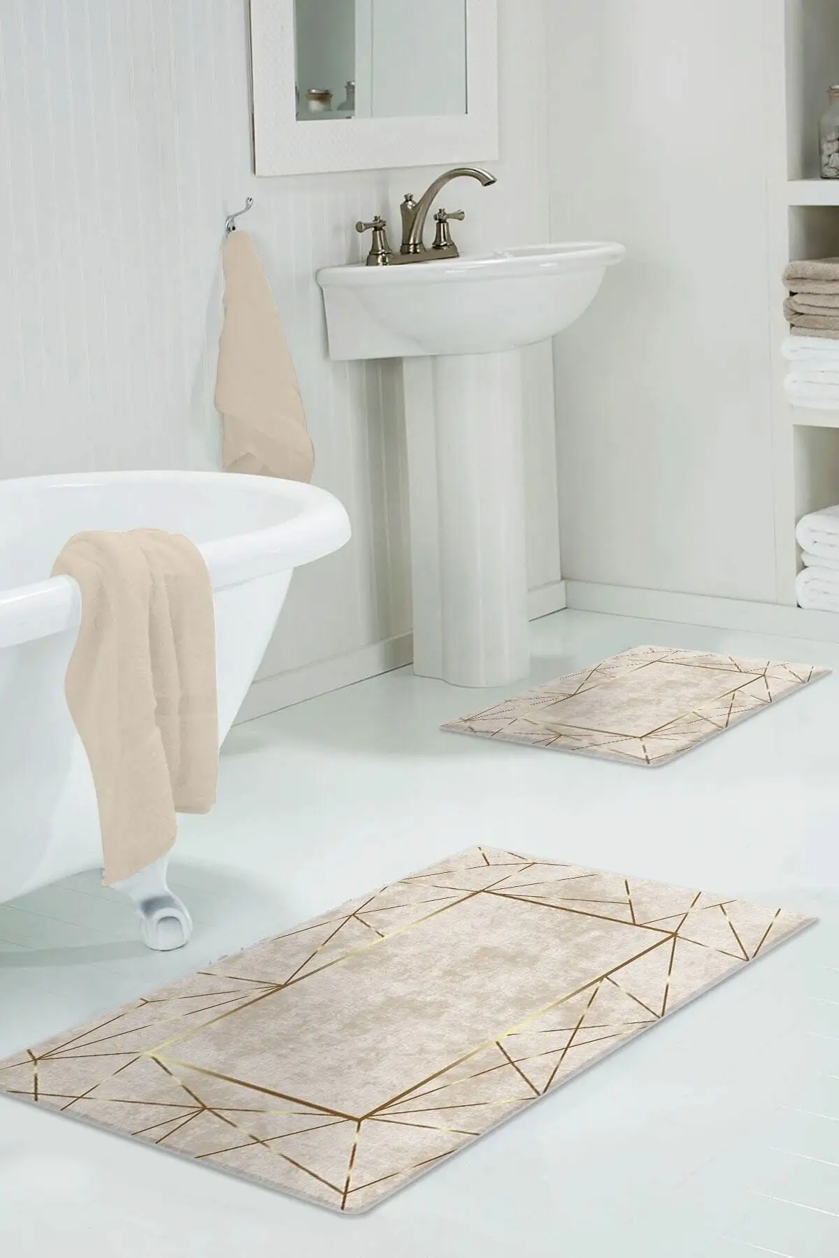 

60x90 - 50x60 Alya Gold Digital Bath Mat 2'li Toilet Seat Pad Polyester White Anti-Slip Soles Edition textile Home & Furniture
