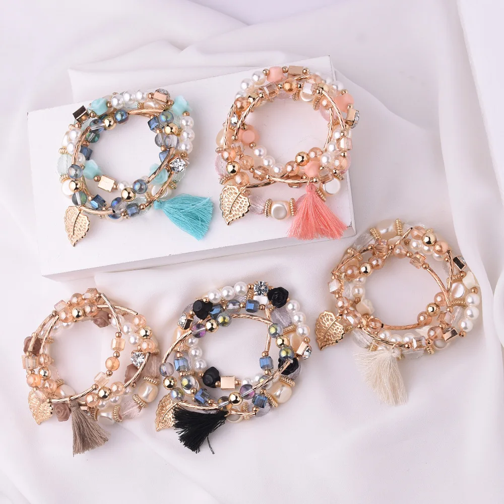 

4pcs/set Fashion Multilayer Bracelets Crystal Lava Stone Beads Wing Tassel Bangles Jewelry for Women Gift Pulseras Mujer