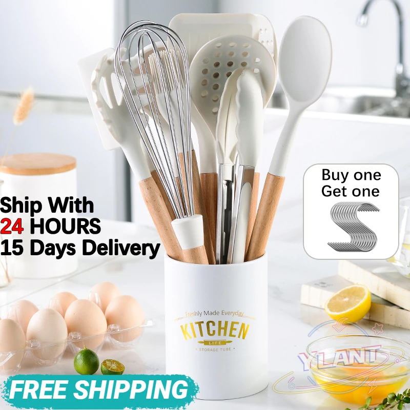 

White Cooking Kitchenware Tool Silicone Utensils With Wooden Multifunction Handle Non-Stick Spatula Ladle Egg Beaters Shovel