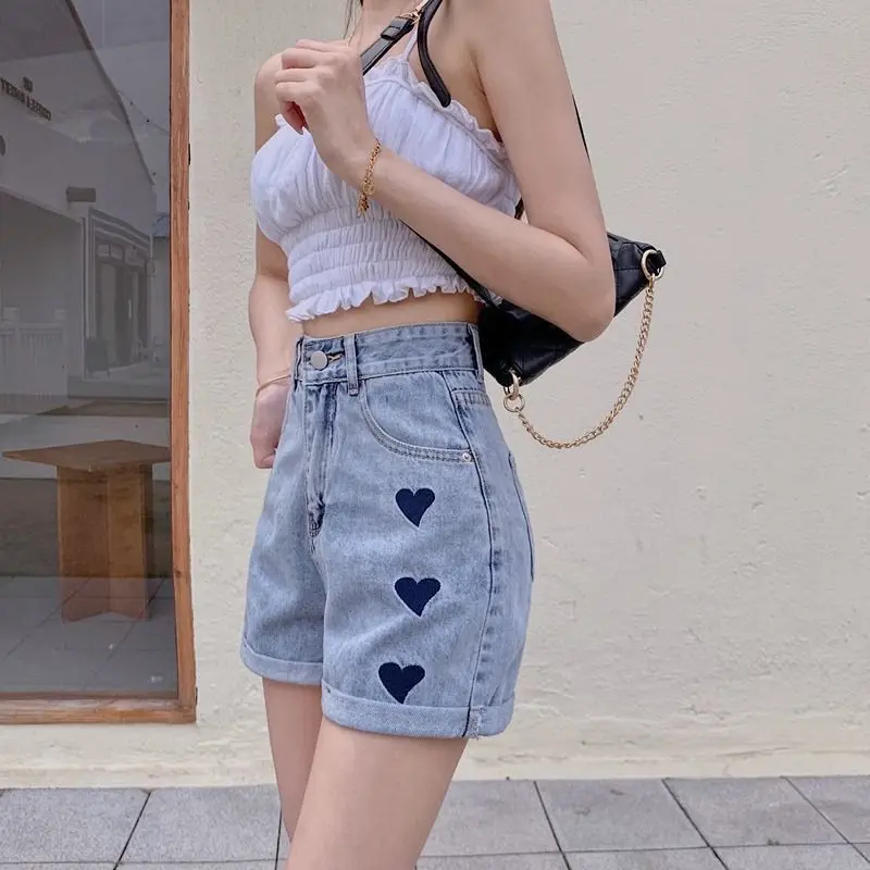 Embroidery Denim Shorts Women Korean Fashion Crimping High Waist Slim Summer Jeans Shorts Girls Sexy Hot Pants Casual Clothing