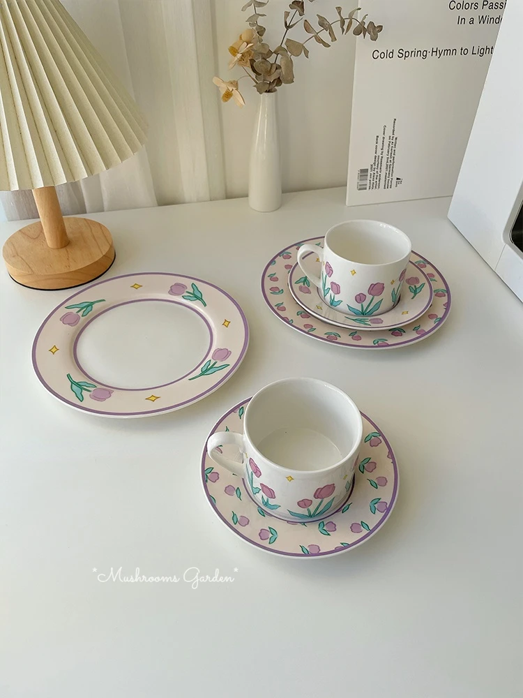 

*Mushrooms Garden*Super Beautiful ~ Korean Retro Purple Tulip Coffee Cup Set Dinner Plate Breakfast Plate Afternoon Tea Set