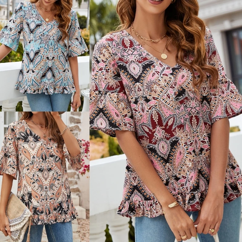 

Женские расклешенные блузки с коротким рукавом и V-образным вырезом, винтажные повседневные свободные футболки в стиле бохо с принтом пейсл...