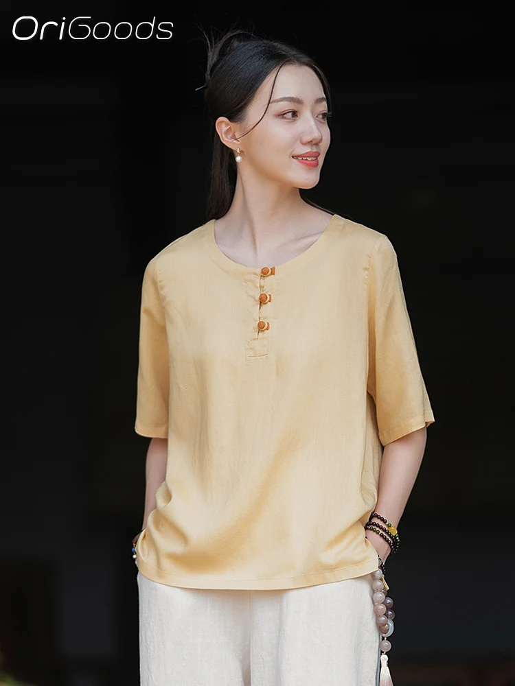 Новинка 2024 летняя Тонкая Блузка OriGoods футболка женские льняные крутые футболки в