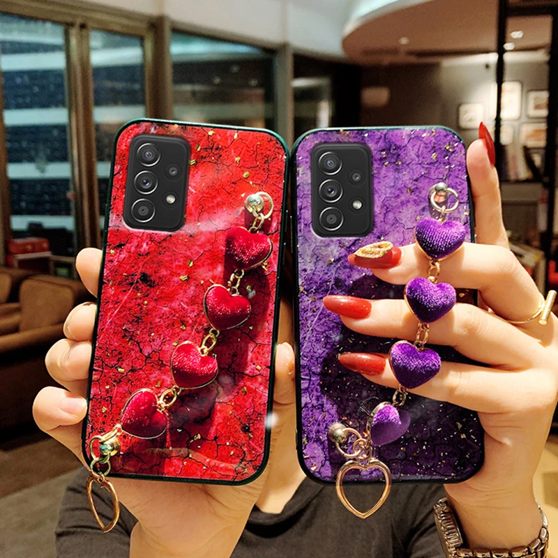 Luxury Plush Colorful Love bracelet Phone Case For Samsung Galaxy A32 A50 A11 A21S A31 A71 A52 A72 A51 Chain Wrist Strap Cover