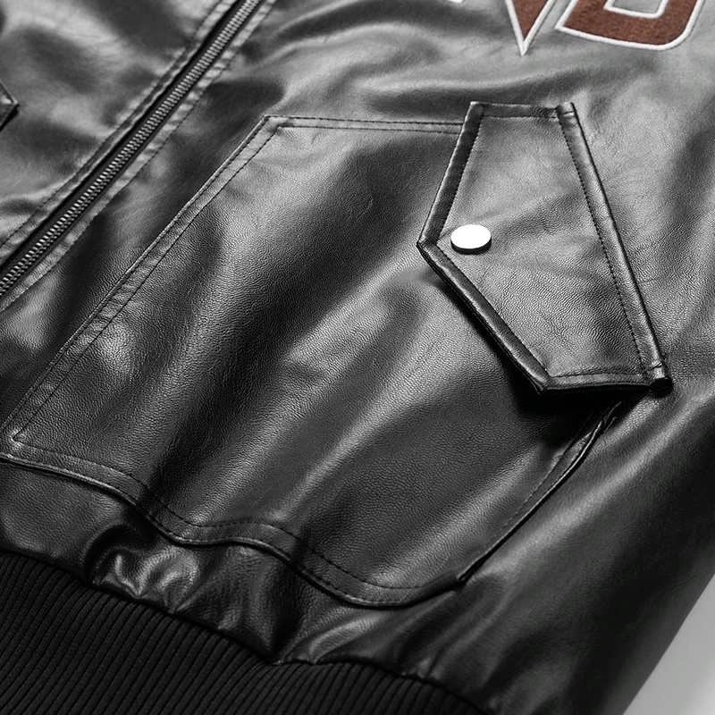 Мужская кожаная куртка из искусственной кожи Черная бейсбольная оверсайз