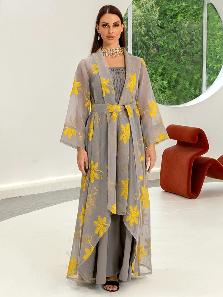 Abaya New 2023 Embroidery Chic And Elegant Woman Dress Mesh Cardigan Belted Kaftan And Solid Gray Camisole Dress Muslim Sets