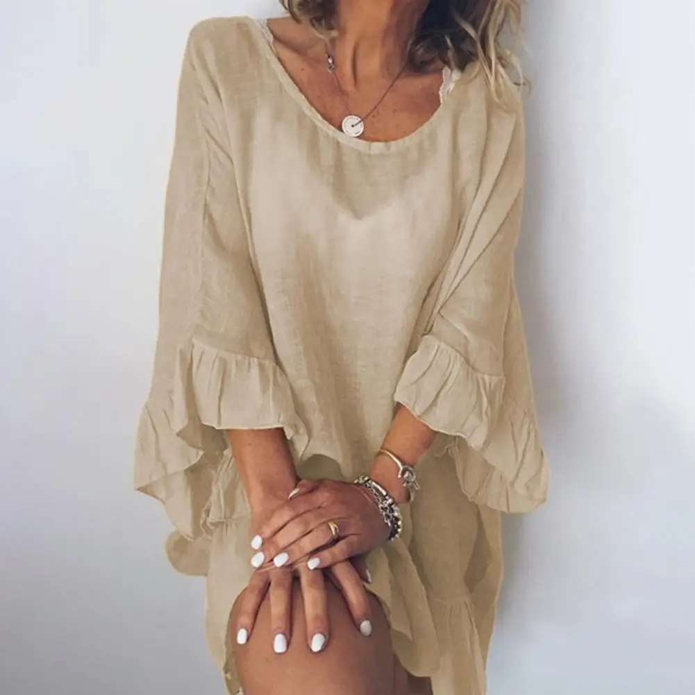 

Women Dress Solid Color Ruffles Summer Round Necks Pleats Mini Dress Beachwear