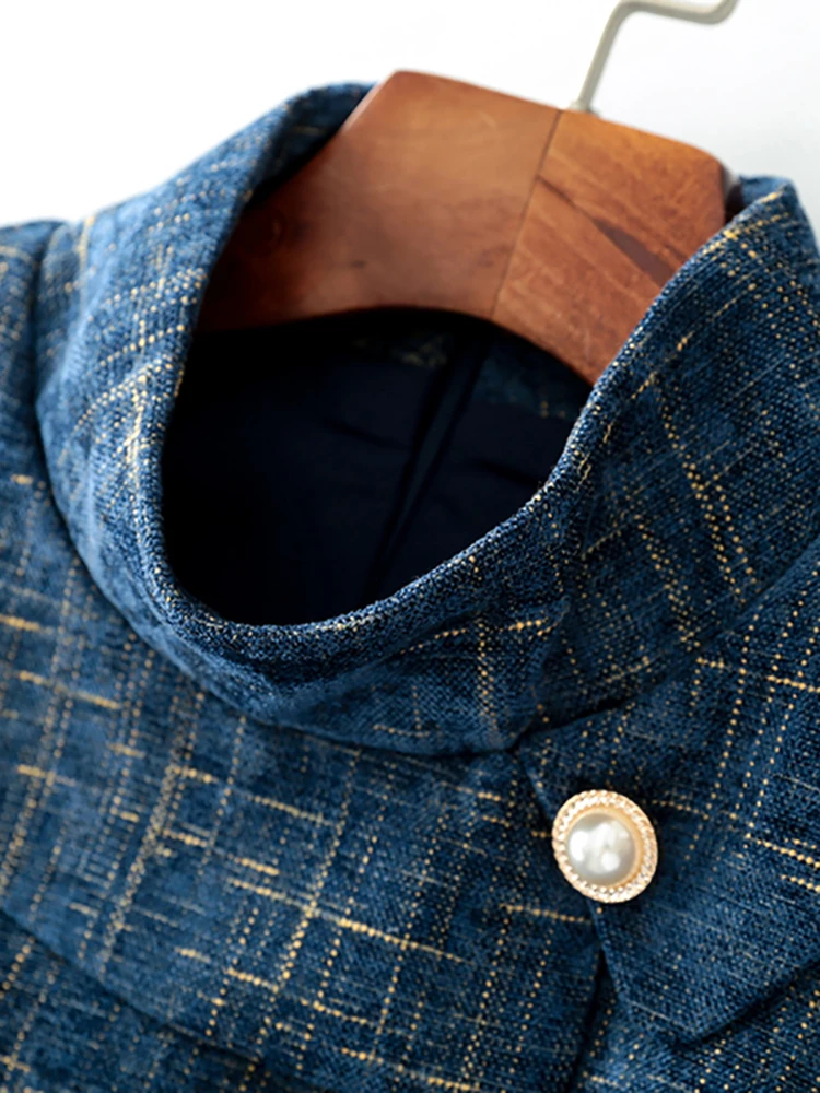 EVNISI синее клетчатое Шерстяное приталенное платье зимнее женское платье-трапеция