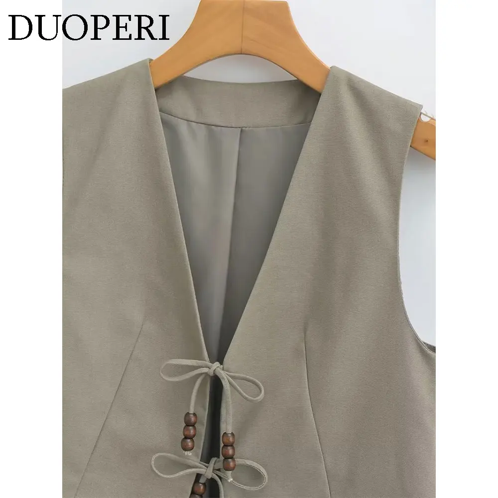 Модный винтажный женский жилет DUOPERI на шнуровке с V-образным вырезом и бисером