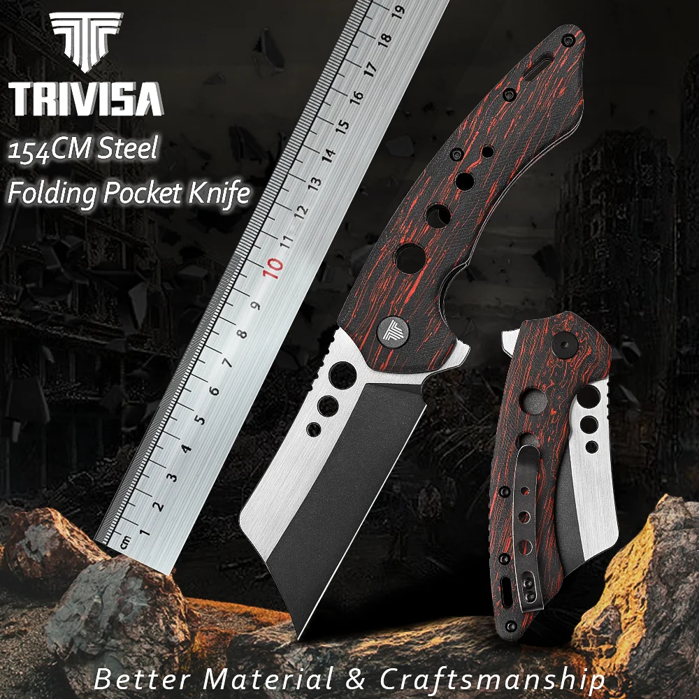 TRIVISA Pocket Folding Knife with Flipper for Men,154CM Steel and G10 Handle ,EDC Outdoor Camp Hunting Knives with Clip