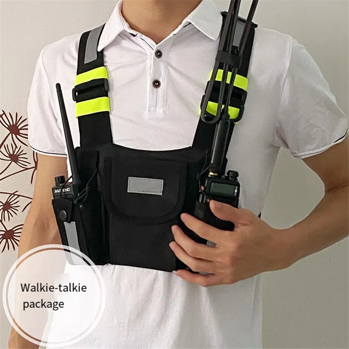 Фото MARQ Walkie Talkie Двойная нагрудная сумка Радио Светоотражающий нагрудный ремень Держатель Сумка Жилет Rig Walkie Talkies Передняя сумка Чехол D №3