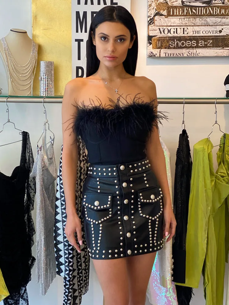 Топ-бандо женский с отделкой перьями пикантная Майка без бретелек винтажный