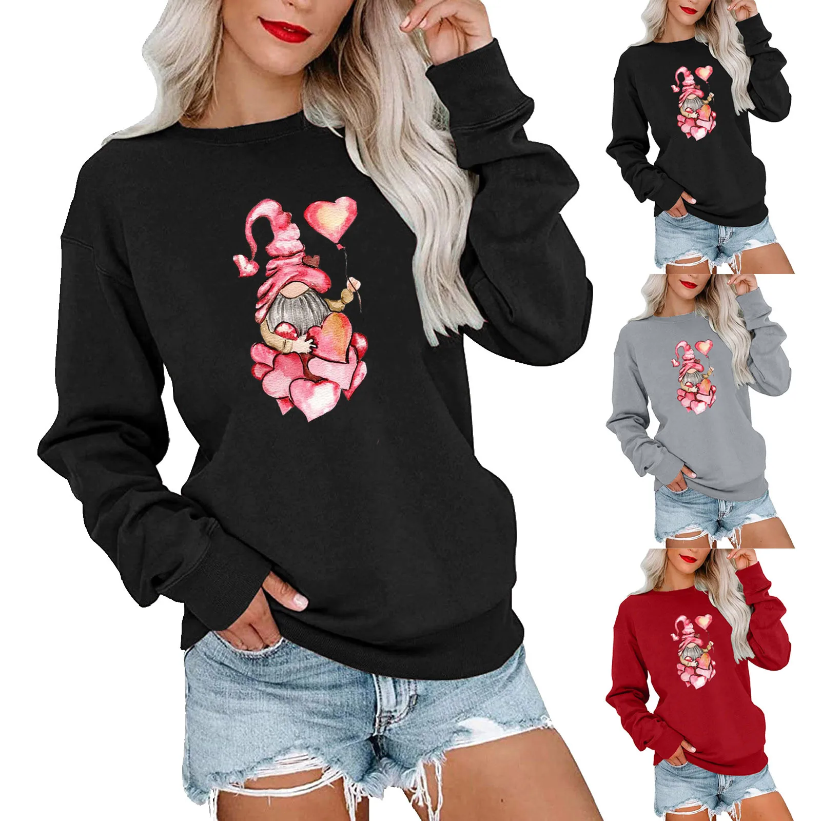 

Ladies Small Sweaters Womens Fashion Valentine's Day Print Round Neck Hoodless Sweater Long Sleeve Top Cotton French Tops