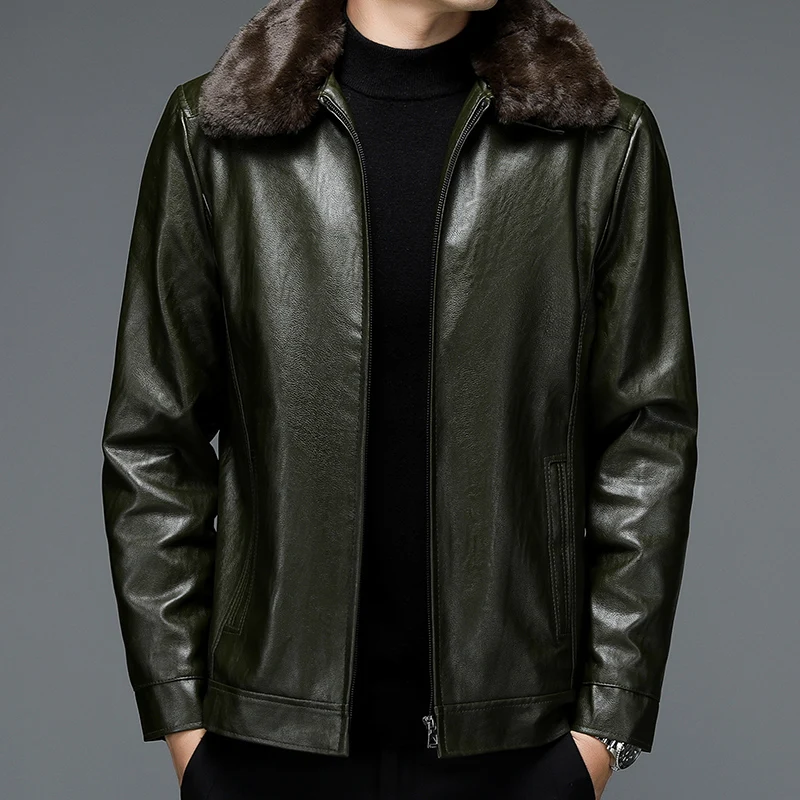 

Winter New Men's Zipper Leather Jacket Detachable Fur Collar Plus Fleece Jacket Lapel Slim Solid Color Dark Green Leather Jacket