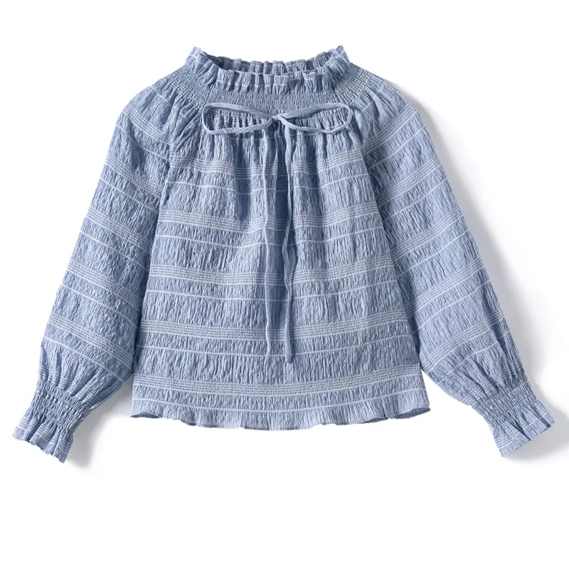 

New 2022 Spring Fashion Blouses High Quality Women Sexy Slash Neck Striped Patterns Lantern Sleeve Casual Loose Blue Tops Blusa