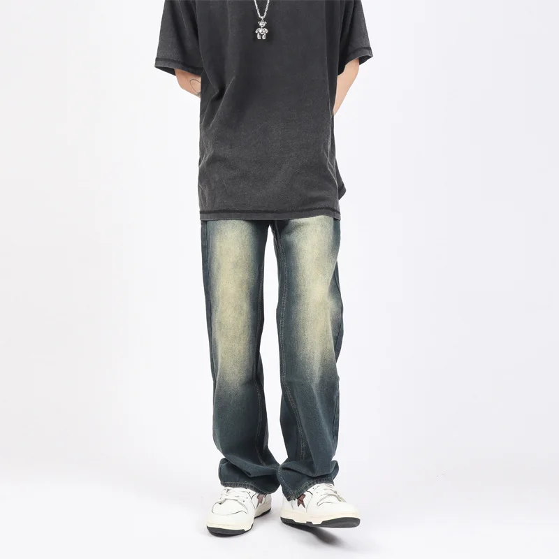 High Street Retro Yellowing Blue Straight Loose Mens Jeans Streetwear Male Full Length Wide Leg Denim Pantalones Vaqueros Hombre
