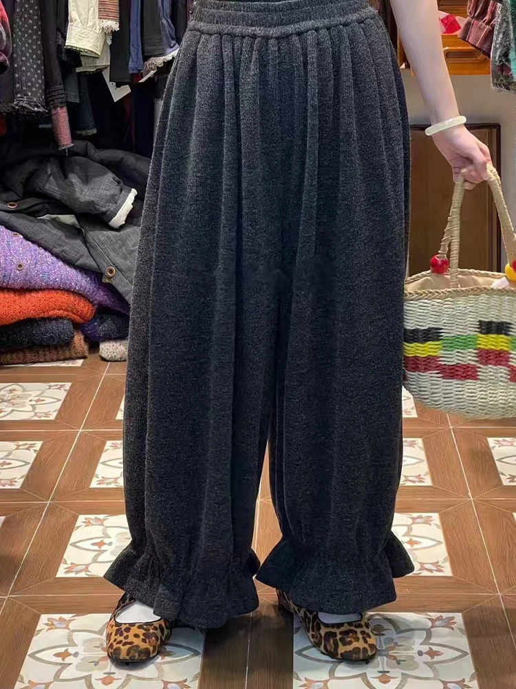 Plus Size Fleece-lined 2024 Winter Japan fashion Retro Wooden Ear Bud-Shaped Pants Women Artistic Casual Loose Meat Covering ...