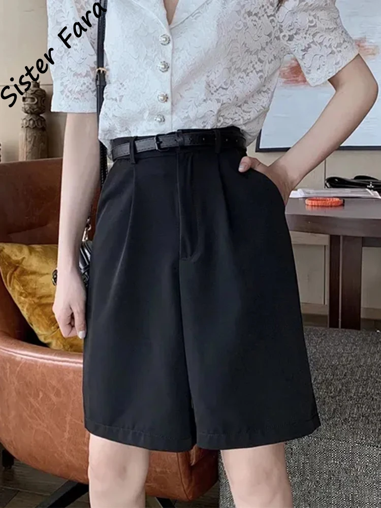 

Sister Fara Summer Loose Ladies Wide Leg Five Point Shorts With Belt High Waist Pockets Straight Women Solid Casual Suit Shorts