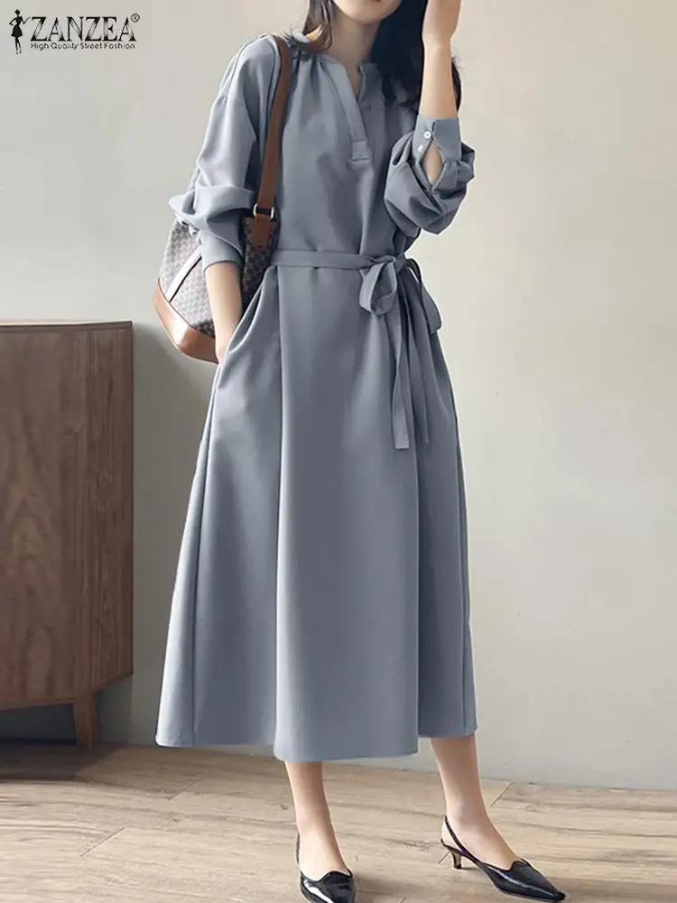 

Модель ZANZEA 2022 года, Модный женский осенний однотонный офисный сарафан с V-образным вырезом и длинным рукавом, платье-Кафтан средней длины, же...