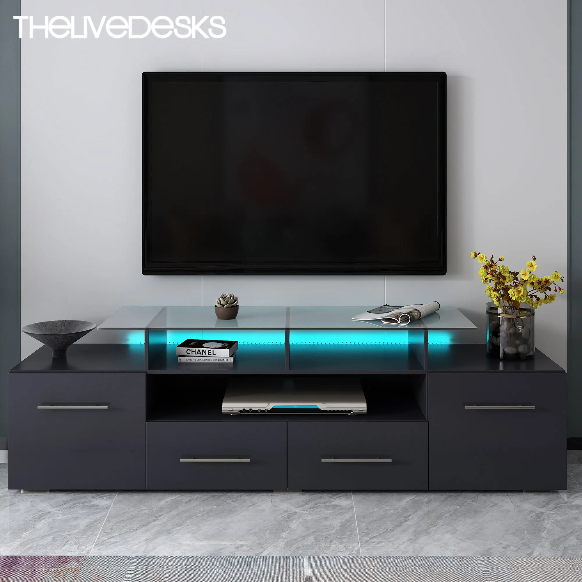 

Thelivedesks Modern TV Stand with Color Changing LED Lights Universal Entertainment Center High Gloss TV Cabinet for 70+ inch TV