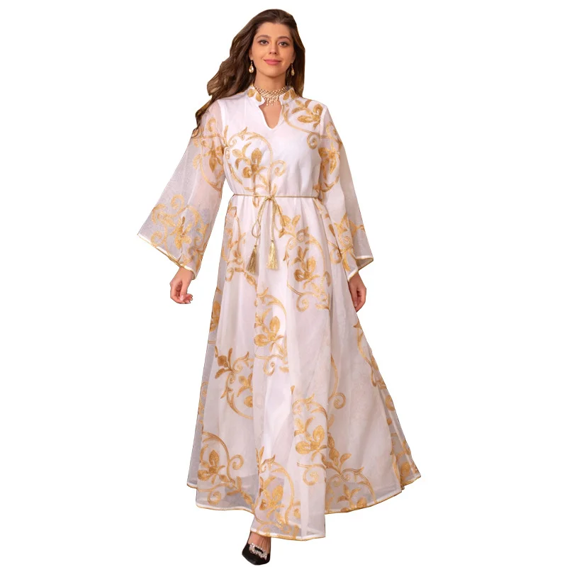 Muslim Woman Abaya Turkey New 2023 Floral Mesh Embroidery Belted Kaftan Big Hem Dress Ramadan Jalabiya
