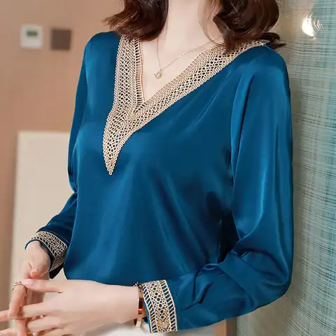 Blouses Women Long Sleeve Blouse Women Blusas Mujer De Moda 2022 Lace V-Neck Chiffon Blouse Shirt Tops Blusa Women Clothing E653
