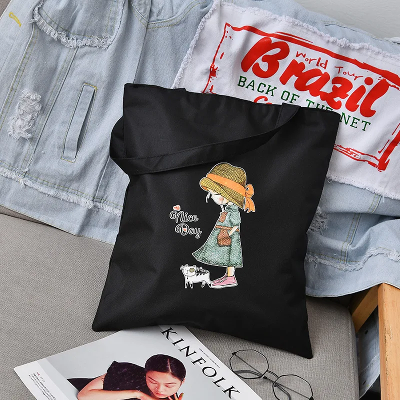 

Women Canvas Bag Large Capacity Eco Grocery Tote Shopper Shoulder Bags Sweet Print Girl Cartoon Handbag Schoolbag Foldable Pouck