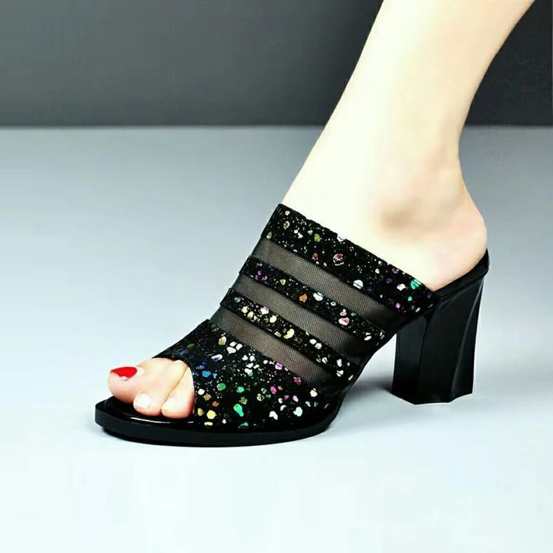 

Internet celebrity Fashion High Heels Sequin Slippers Women Summer Mesh Peep Toe Sandals Woman Hollow Slip on Slides Shoe Female