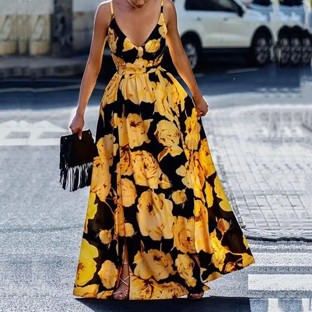 

Breathable Stylish Summer Vivid Floral Print Sling Long Dress Split Large Hem Sling Dress V-Neck for Evening Party