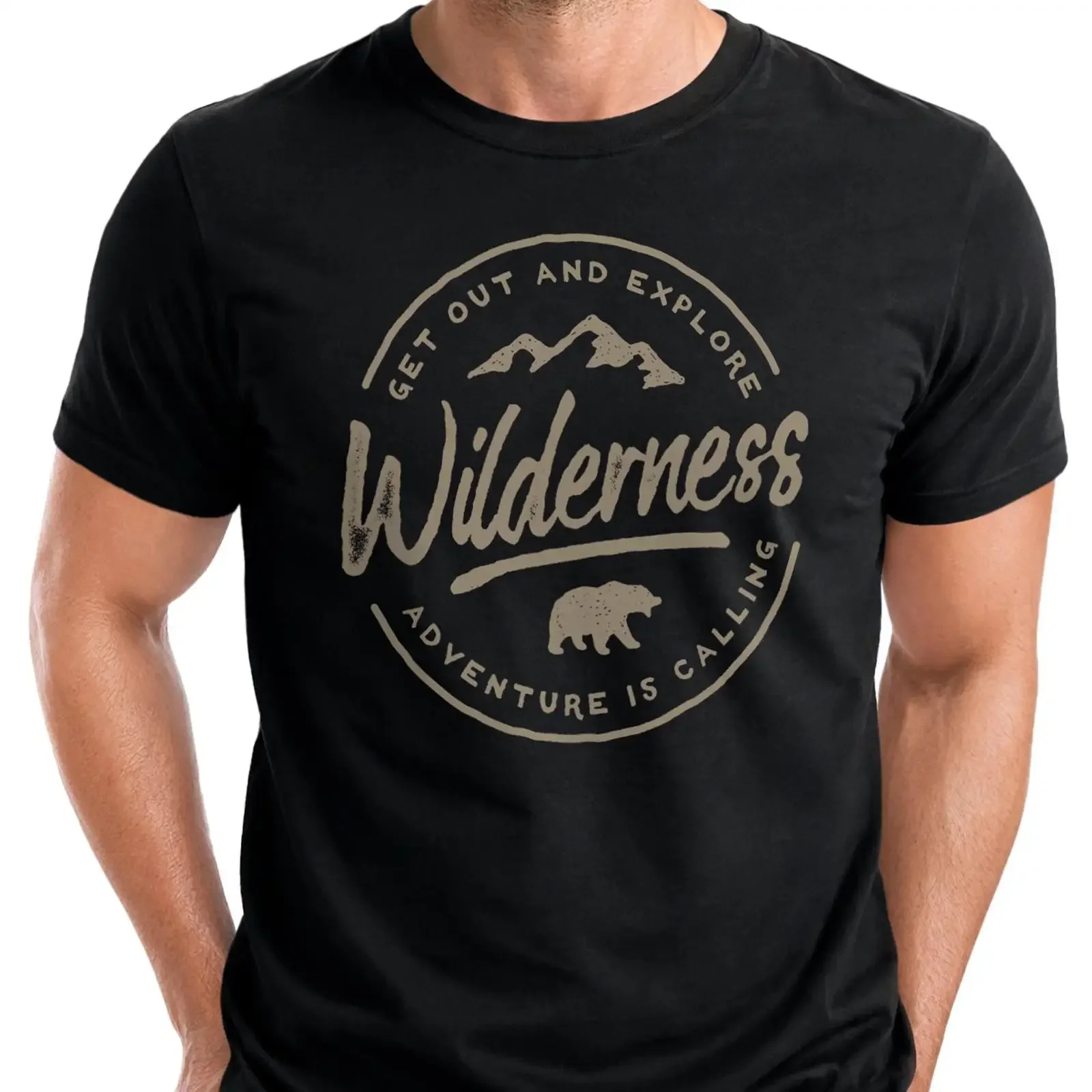 Фото Футболка Neverless с принтом Herren Adventure Logo Berge Mountain Bär, винтажная, с эффектом потертости, универсальная, слегка повседневная, модная №1