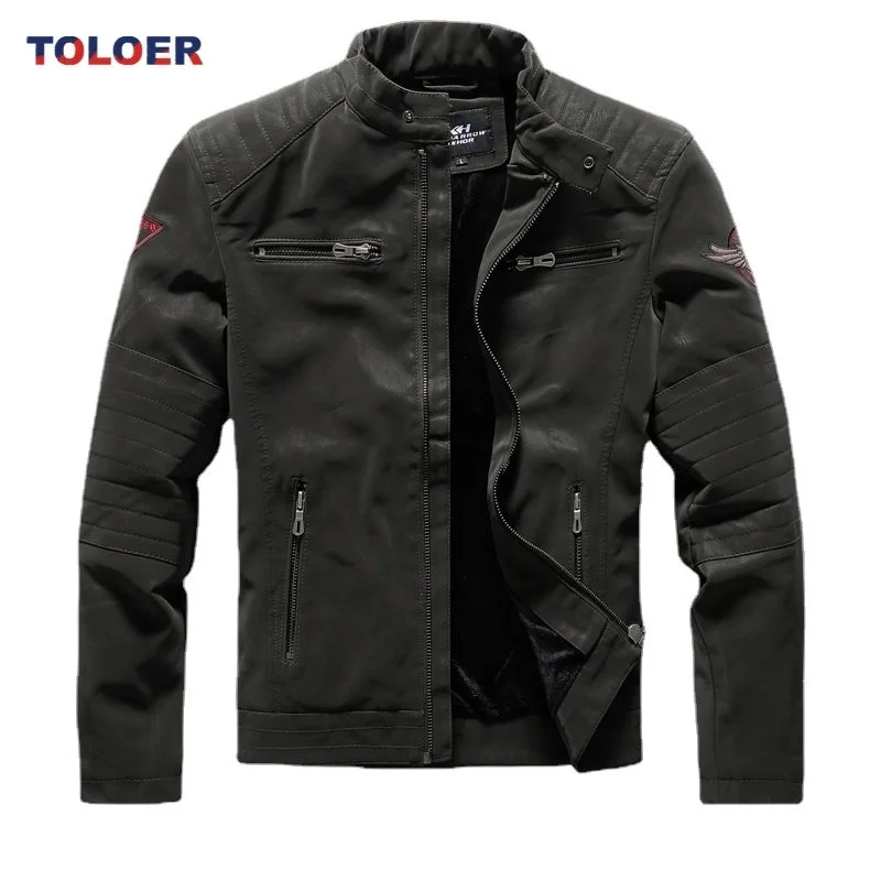 

Mens Winter Casual Fleece Leather Jackets Male Stand Collar Motorcycle Faux PU Leather Jackets Man Windbreaker Jacket Streetwear