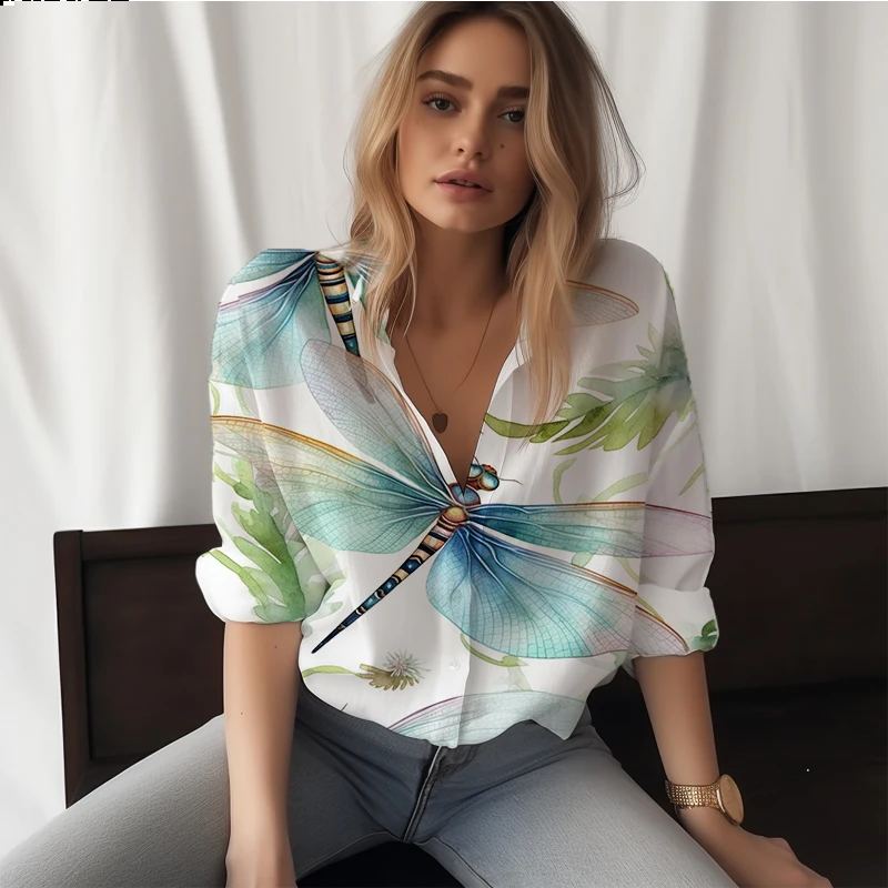 

Summer new ladies shirt dragonfly 3D printed lady shirt casual style women's shirt fashion trendy loose lady shirt