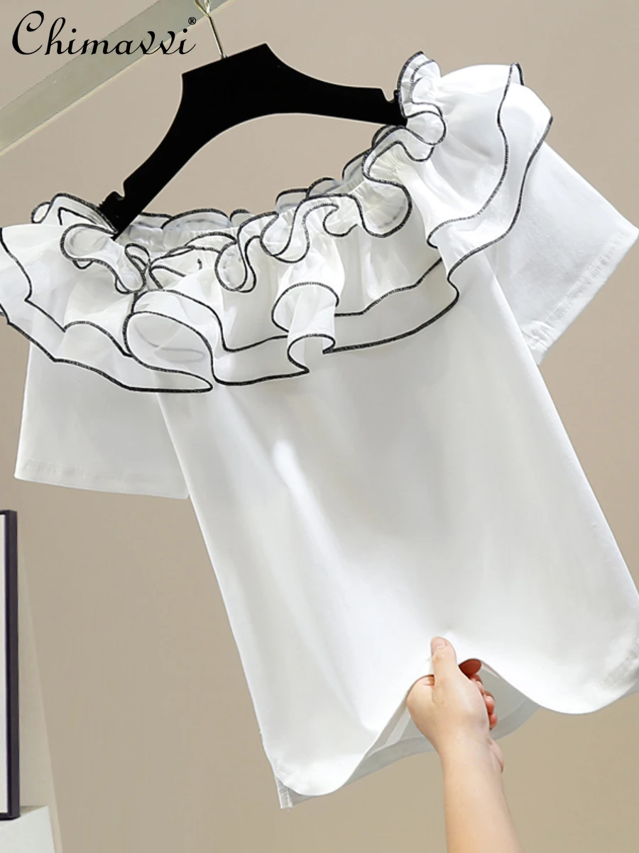 

Fashion Color Contrast Sweet 3D Fungus Stitching T-shirt 2022 Summer New Off-Neck Slim Elegant Short Sleeve Tshirts Women Tops