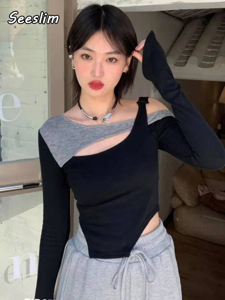 

Seeslim Vintage T-shirt Long Sleeve Crop Top Hollow Out Patchworktee Tops Grunge Aesthetic Tee Shirt Femme 2022 Korean Style