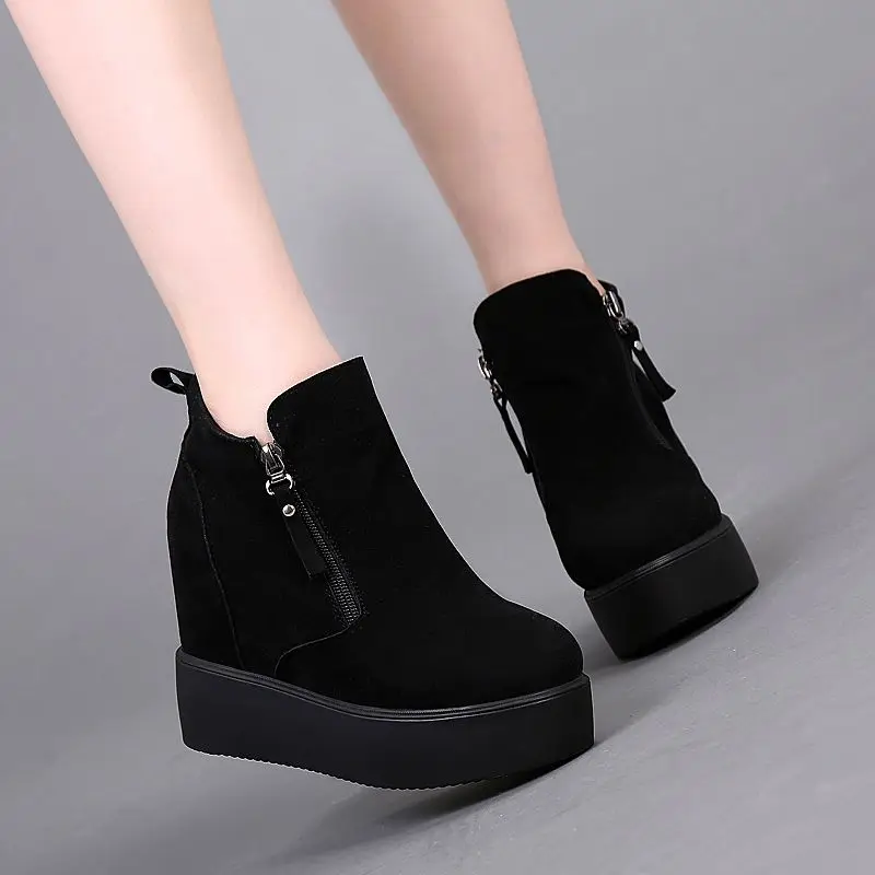 

Footwear Chunky Platform Heeled Women's Ankle Boots Leather Booties Wedges Very High Heels Black Short Shoes for Woman Round Toe