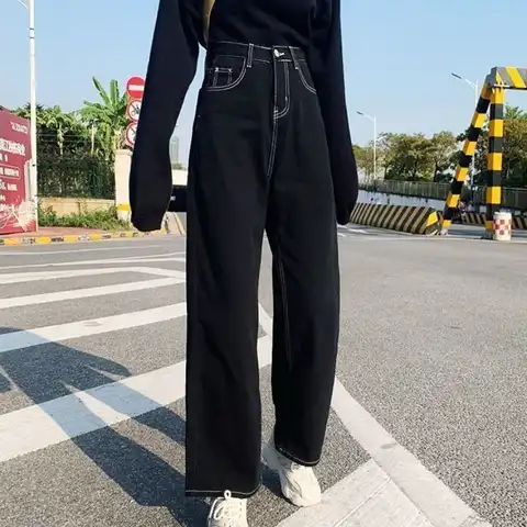 Jeans Women All-match Korean Style Mopping Trousers Denim Vintage Black Solid High Waist Autumn Baggy Chic Ulzzang Street Casual