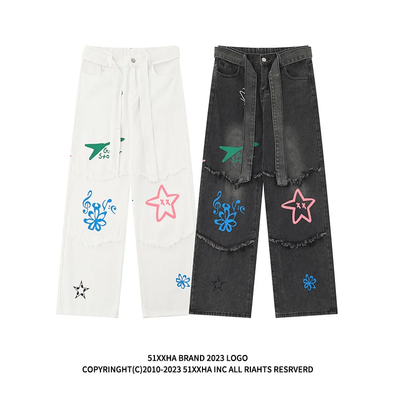 Fashion Fun Frayed Printed Belt Decorative Washed Jeans Men's American Straight Wide-Leg Pants Streetwear Baggy Denim Trousers