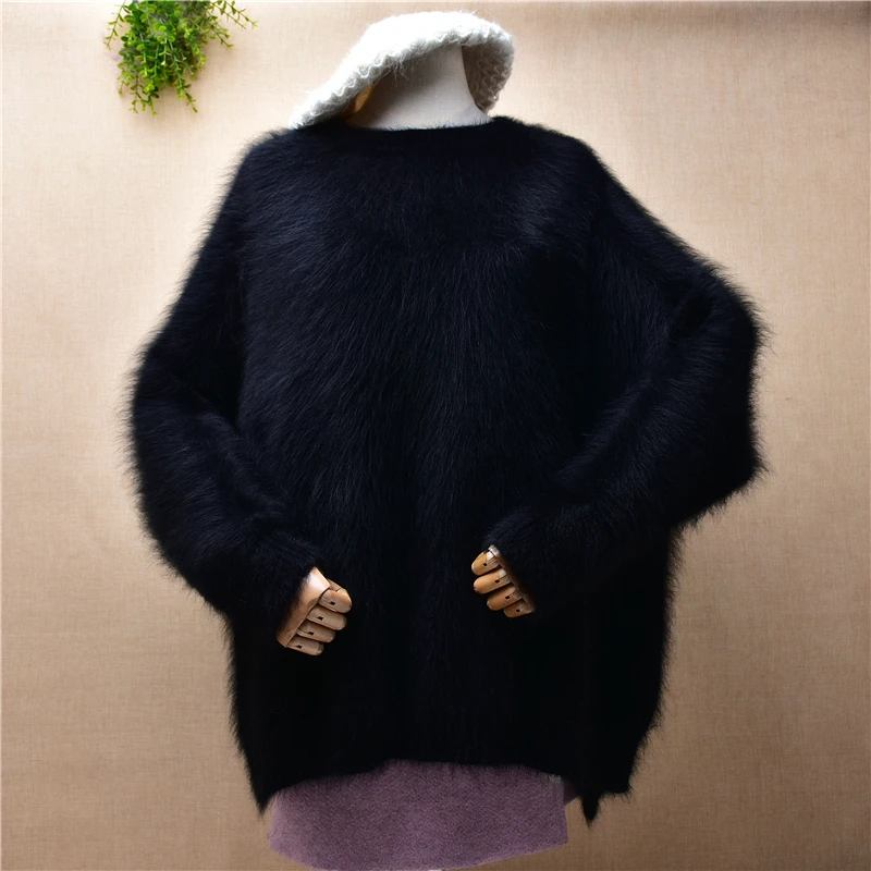 

Женский вязаный пуловер из черного меха норки и кашемира с длинными рукавами «летучая мышь» и круглым вырезом, Свободный пуловер с разрезом...