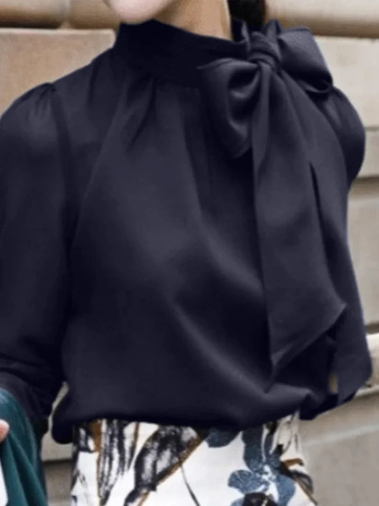 

Long Sleeve Fashion Tops Casual Party Blouse Ladies Blusas Buttons Holiday Side Pocket ZANZEA Spring Elegant Bow Tie Shirt Women
