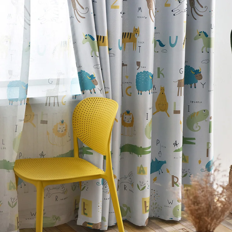 Blue Printed Lion/Tiger/Giraffe Curtains for Kid's Room Zoo Curtains Tulle for Boy's Room Cute Curtains for Children WP421#NT