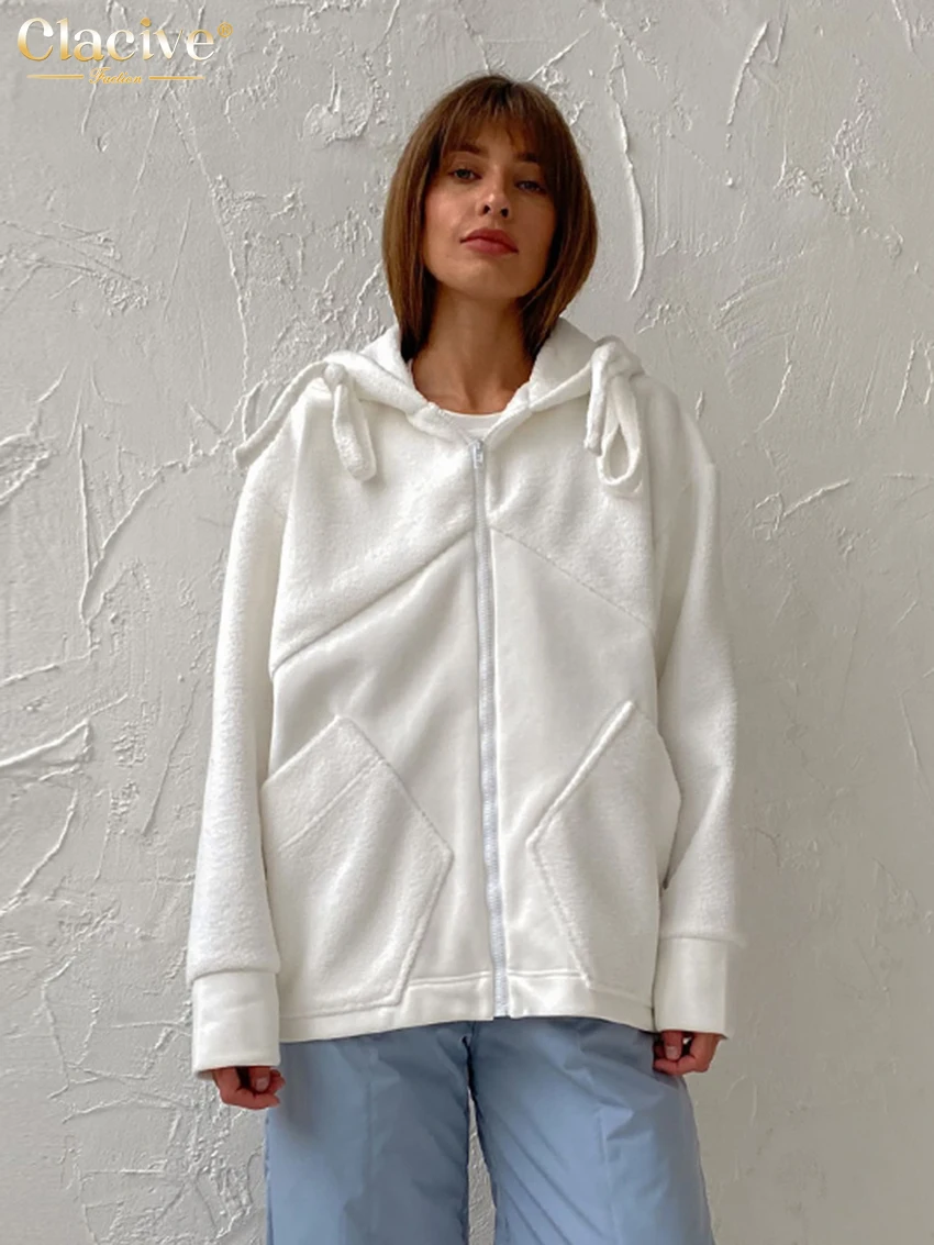 

Clacive Winter Loose White Women Sweatshirts Fashion Long Sleeve Lace-Up Zip Hoodie Elegant Pockets Hooded Sweatshirt Top Female