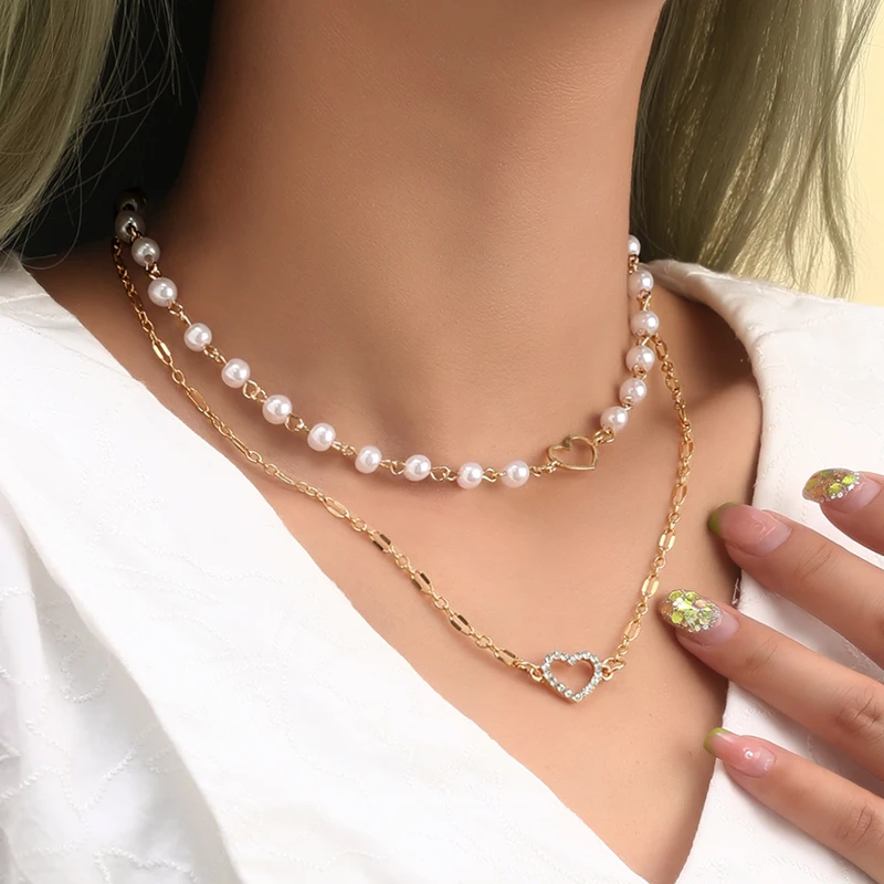 

Stillgirl 2Pcs Vintage Gold Color Pearl Chains Heart Pendants Necklace for Women Geometric Set Crystal Jewelry Collares Mujer