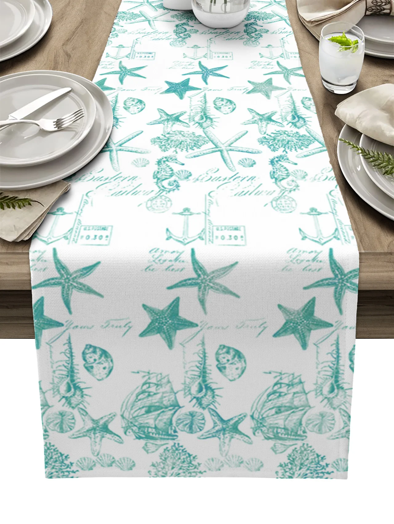 

Aqua Ocean Starfish Shell Coral Vessel Texture Table Runner Decoration Home Decor Dinner Table Decoration Table Decor