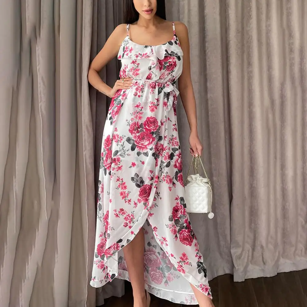 

V-Neck Ruffle Collar Belt Lady Dress Chest Wrap Irregular Split Hem Long Dress Floral Print Sleeveless Sling Beach Holiday Dress