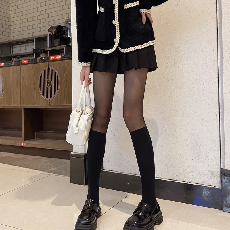 22 Spring and Summer Ins Black Silk Stitching Sexy JK Pantyhose Velvet Fake Calf Milk White Fake Thigh High Stockings for Women