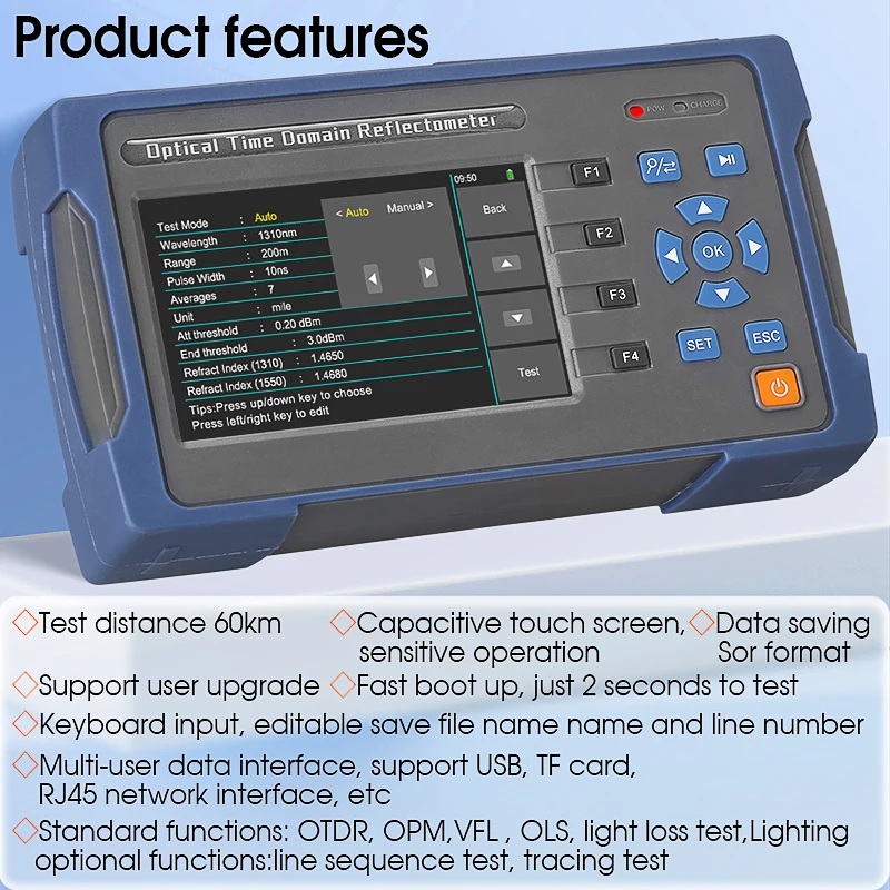 HD Touch Screen OTDR 60Km Optical Fiber Reflectometer With OPM/OLS/VFL AUA-600A/600U/601A/601U/616A/616U Fiber Optic Tester