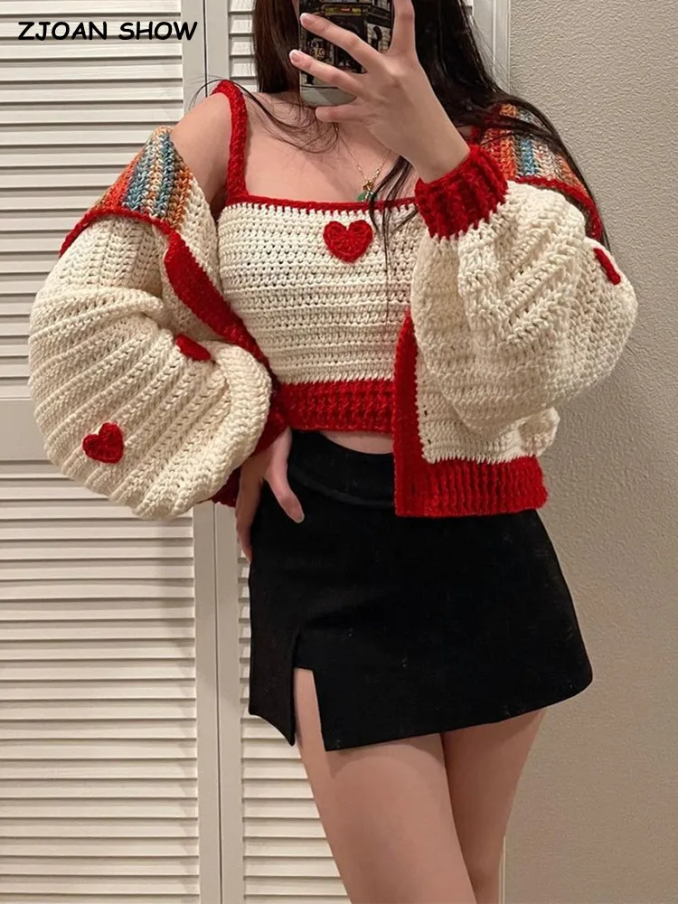 

2022 Sweet Autumn Hand Made 3D Heart Lapel Cardigan Cropped Tank Top Single-breasted Short Sweater Retro Jumper Matching set