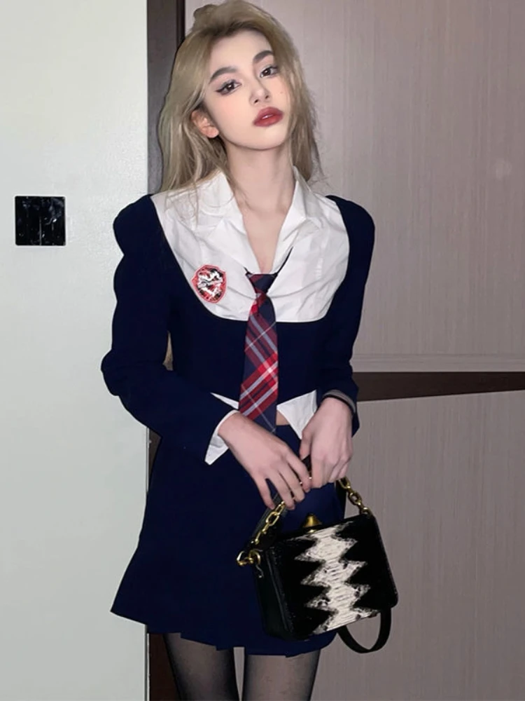 

Женские костюмы в американском стиле, сексуальная короткая рубашка + пуловер + юбка с галстуком, 3 шт., летняя Элегантная Модная уличная одежд...